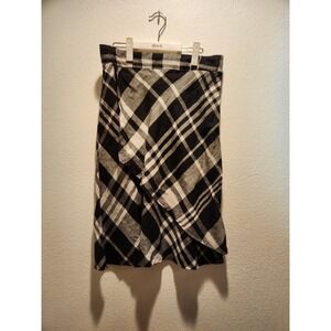 NWOT FLAX Linen Plaid Skirt Midi Knee Length Black White Size S wrap style‎